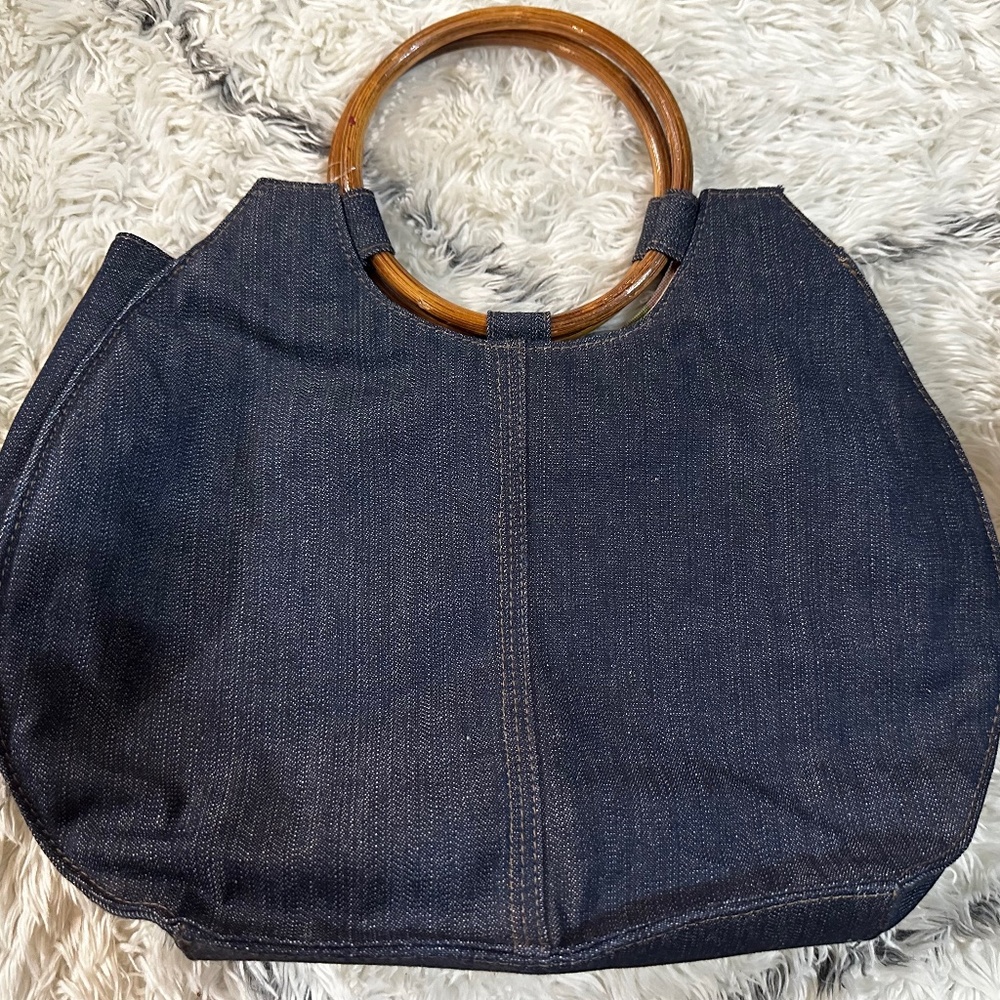 Vintage Blue Jean Denim Purse/Handbag, Wood Ring Handles